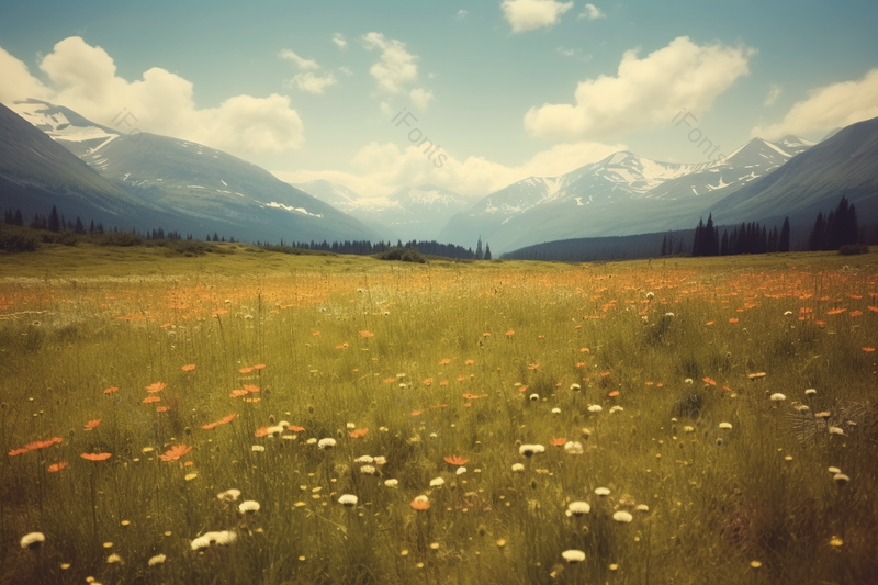 草地零星散落小黄花小花白云蓝天远山美景户外摄影美景摄影旅游目的地,高清,摄影图,摄影图片,图片大全,摄影图免费下载
